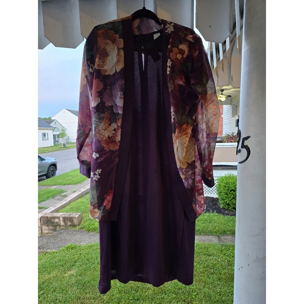 Vintage 80's Haband! Purple Floral Open Sheer Cardigan & Matching Dress Sz 12 - Picture 2 of 12